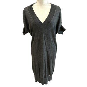 Michael Kors Charcoal Gray V-Neck Sweater Dress Ribbed Hem Puff Sleeves Size S
